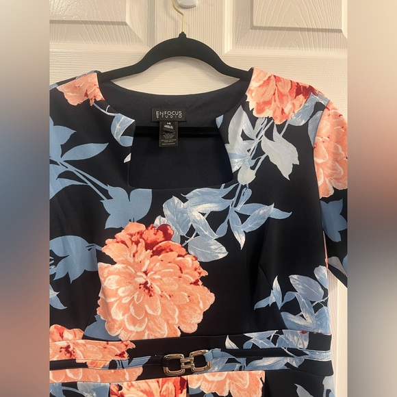 Enfocus Studio Navy Blue and Pink Fit and Flare Midi Dress Pleated - Picture 4 of 4